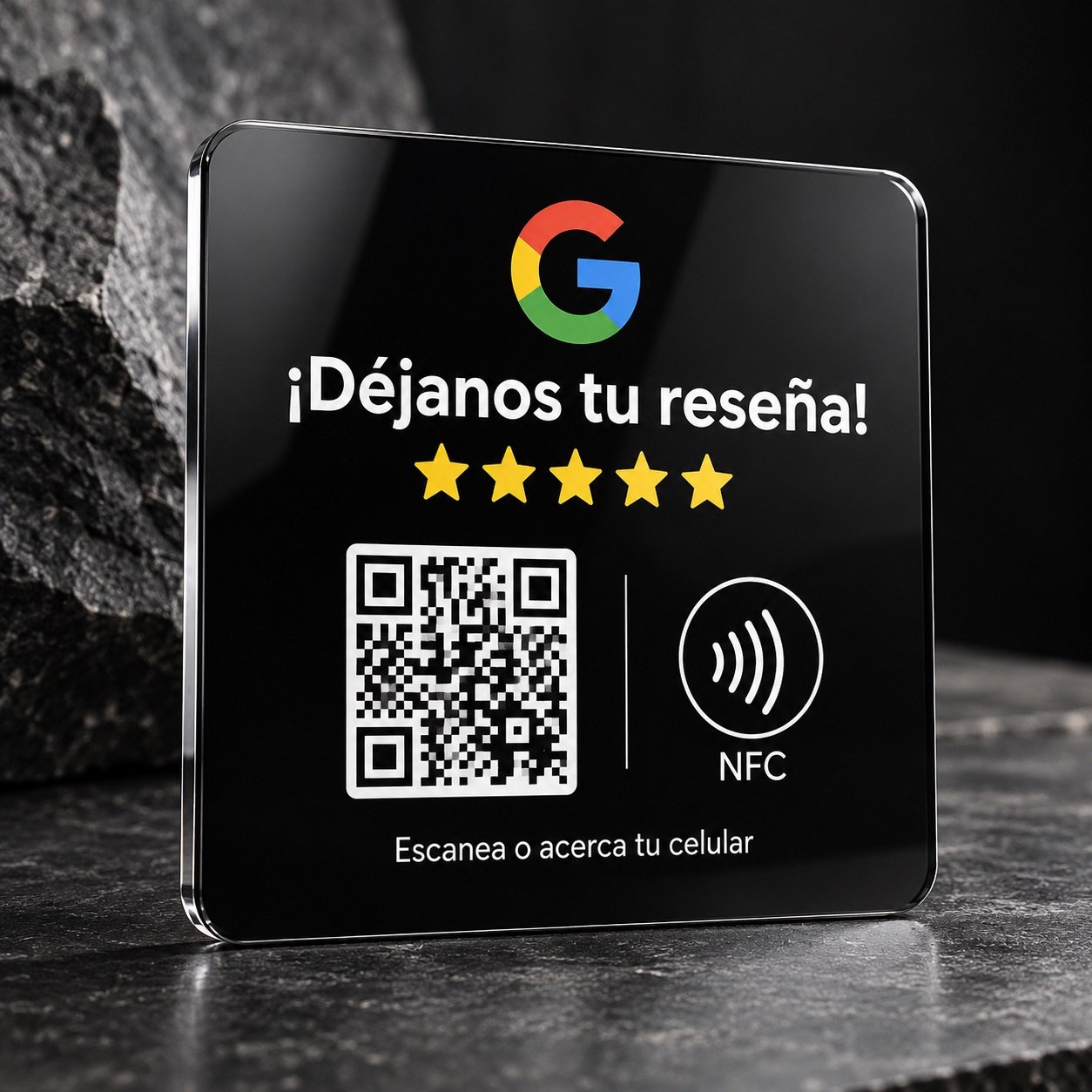 Placa de reseñas negra de 10 × 10 cm sobre piedra